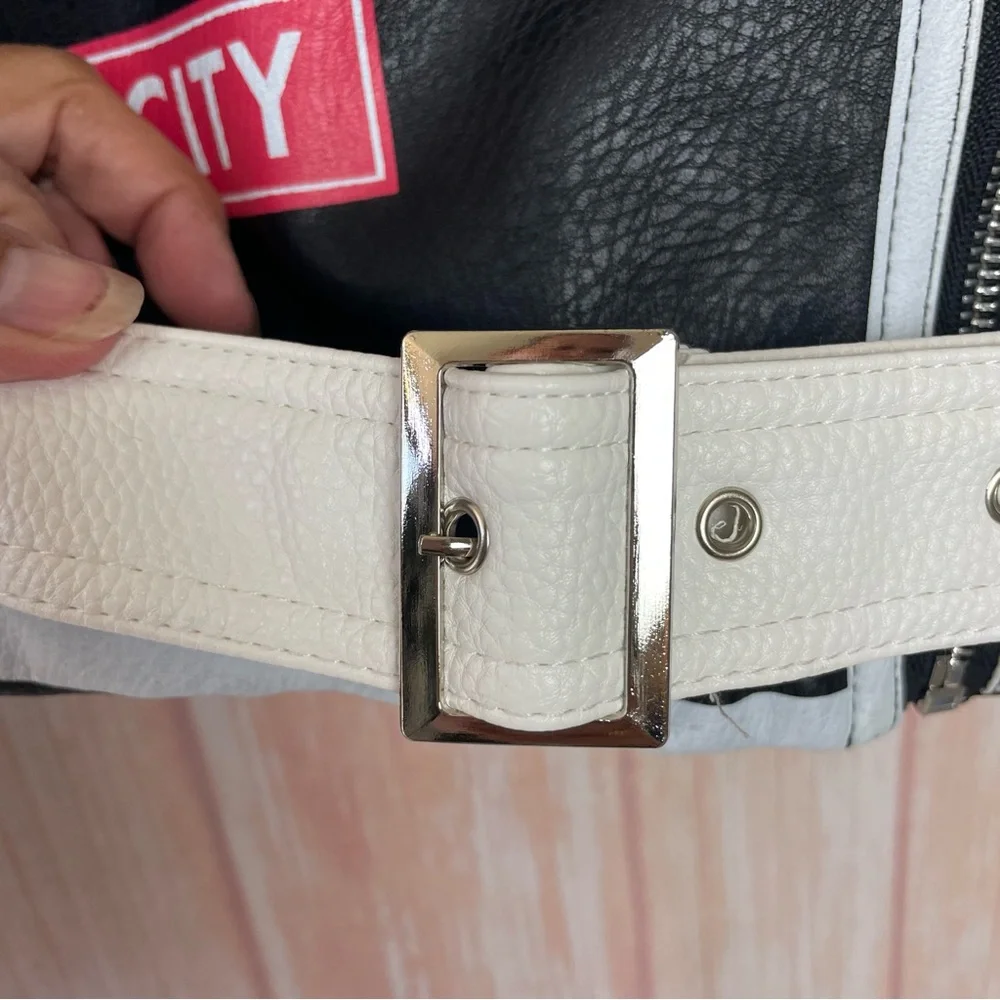 Azalea Wang Studded Black and White Graffiti Faux Leather Moto Jacket (1x) - Picture 11 of 16